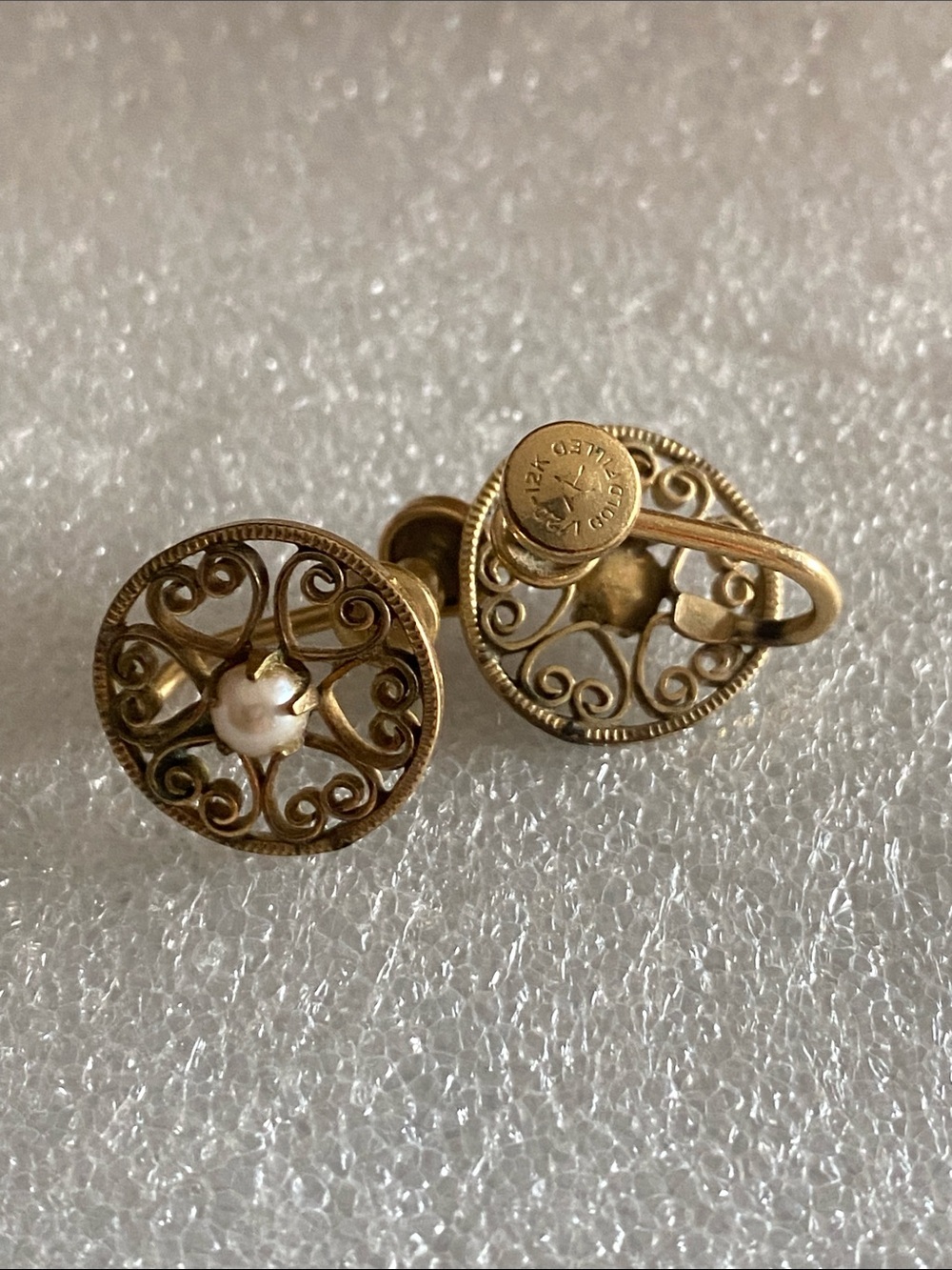 Vintage Gold Filigree Pearl Button Earrings - Women's Jewelry
